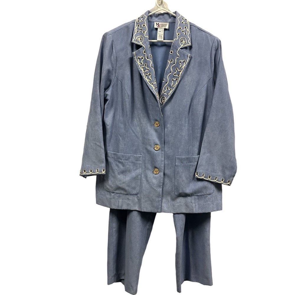 3 Piece Set Maggie Sweet Blue Sueded Pantsuit Pant Top and Blazer Womens 1X - Picture 3 of 16